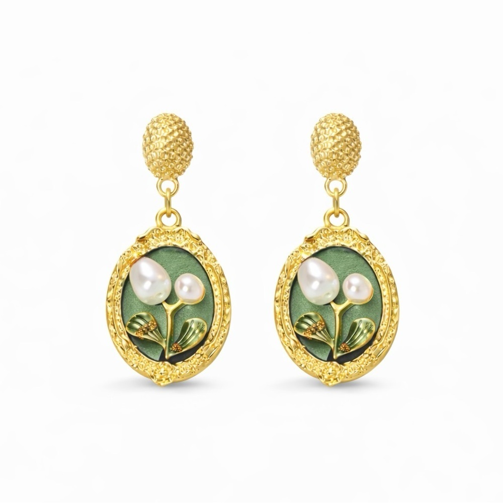 Floral Gold and Green Earrings With Pearl Accents